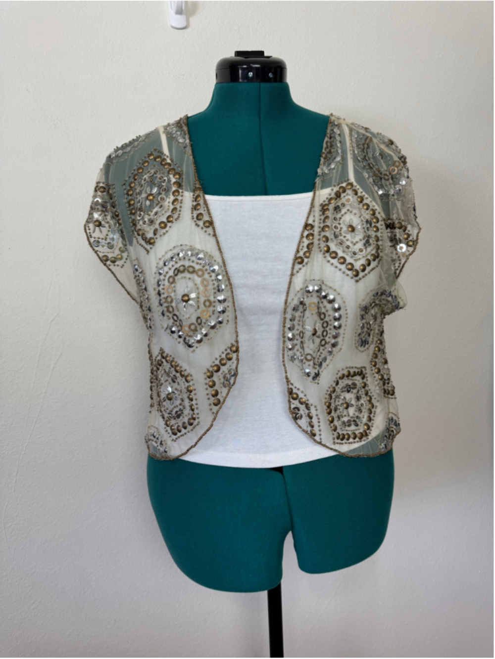 Women's MOYNA Beige Silver Sequin Beaded Shrug Bolero Large Western Boho Sequins